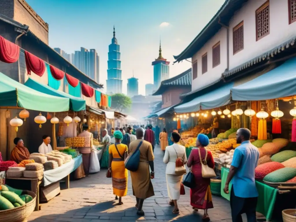 Una bulliciosa escena de mercado en una vibrante ciudad asiática, con africanos vendiendo artesanías