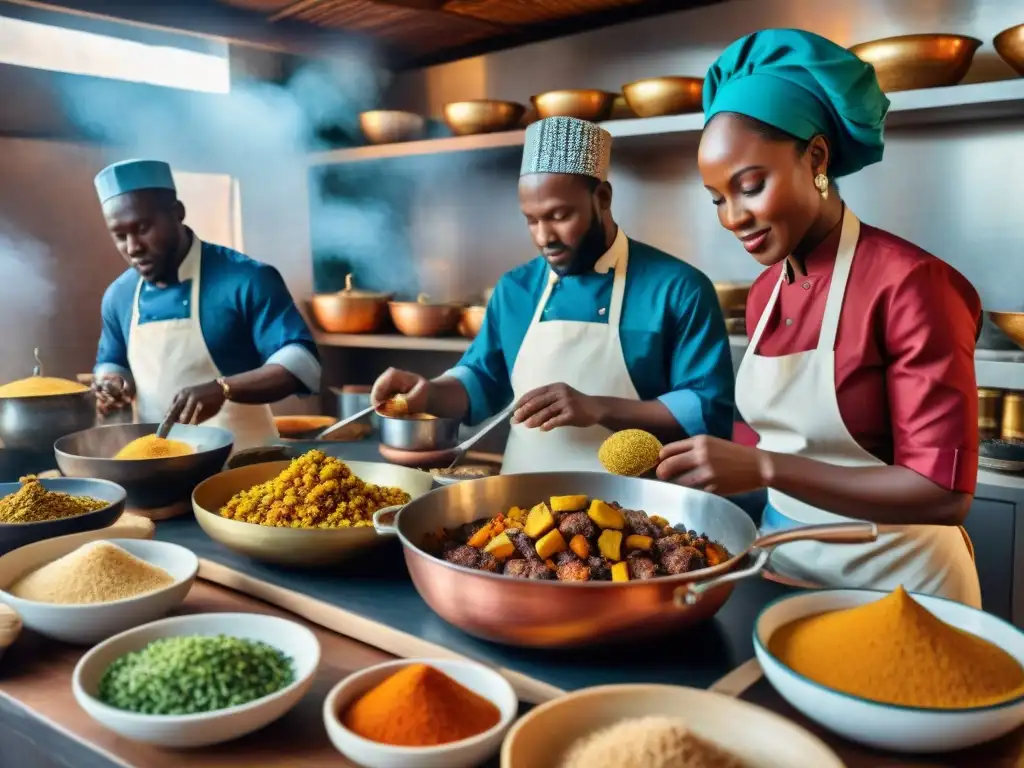 Un bullicioso escenario de una cocina africana tradicional, chefs preparando recetas históricas con plantains, yams y especias vibrantes