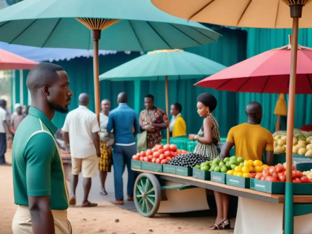 Un bullicioso mercado africano con artesanías tradicionales y tecnología de la información en África