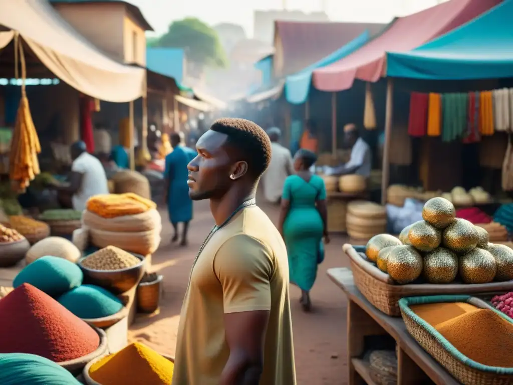 Un bullicioso mercado africano al atardecer, lleno de colores, texturas y cultura