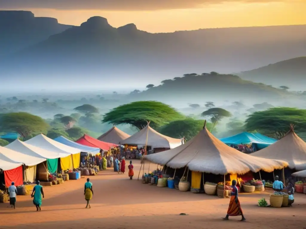 Un bullicioso mercado africano bajo la cálida luz del atardecer, reflejando la riqueza cultural y la actividad económica