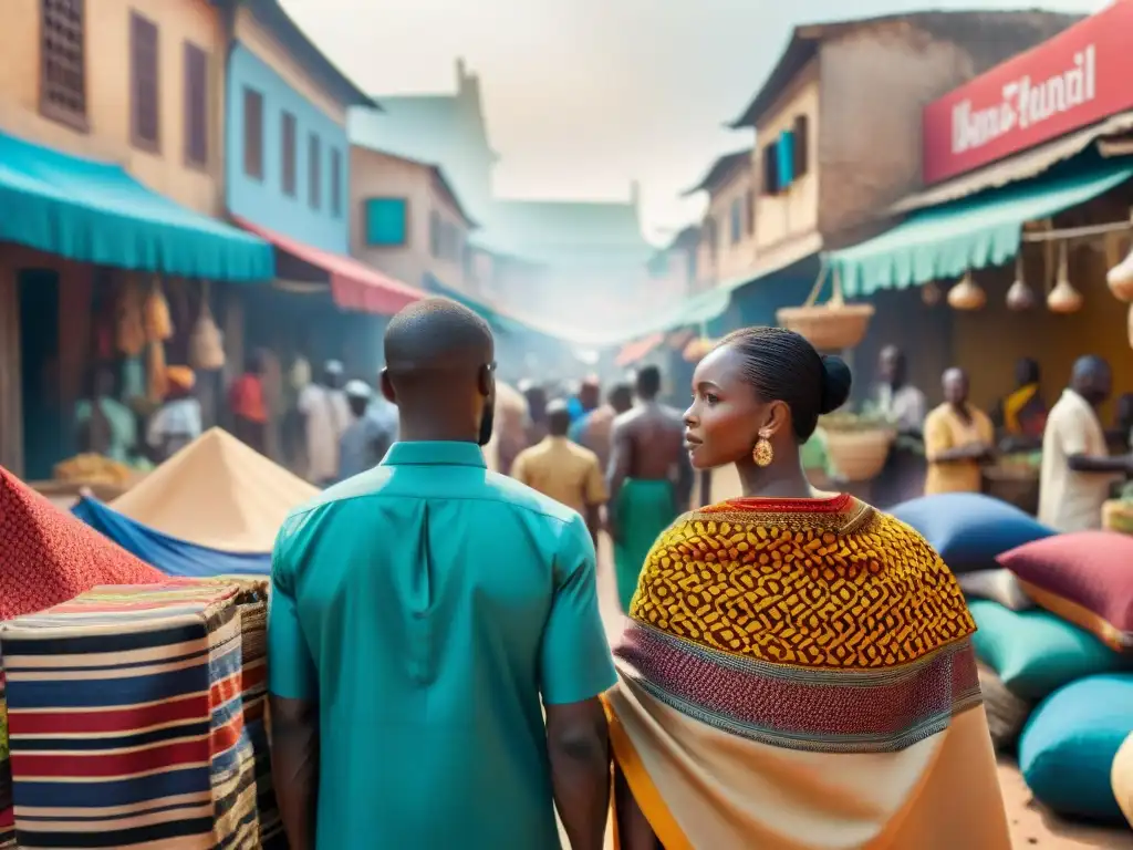 Un bullicioso mercado africano con colores vibrantes, intercambio de bienes y secretos comerciales entre gremios en África