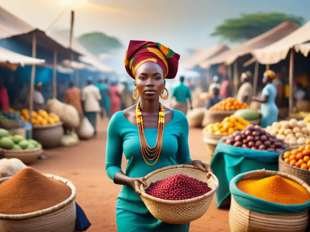 Un bullicioso mercado africano con colores vibrantes y gente variada comerciando, reflejando la vida diaria en África