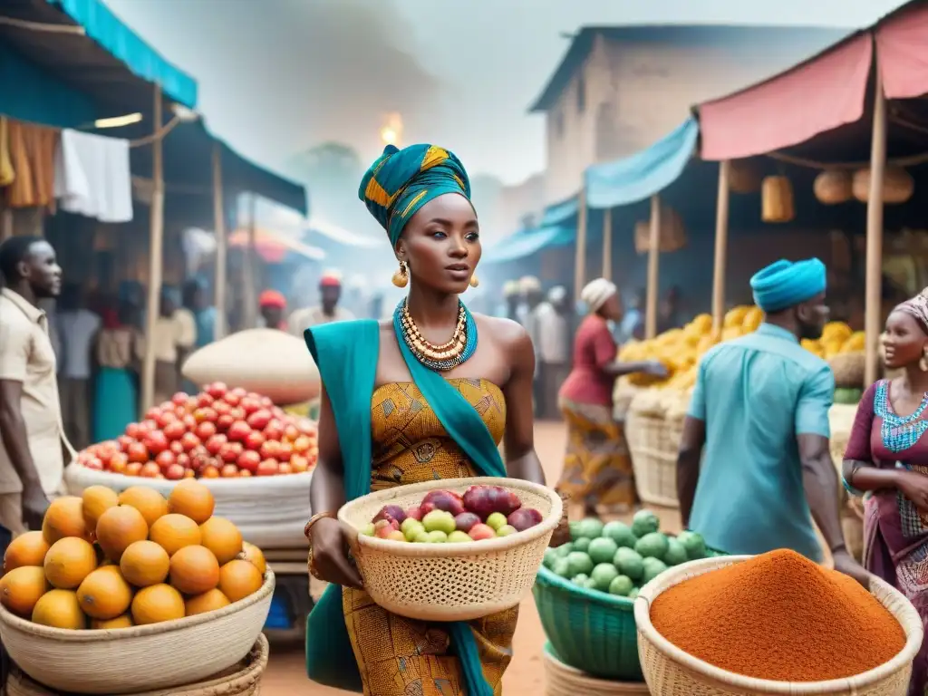 Un bullicioso mercado africano, con colores vibrantes y gente diversa comerciando