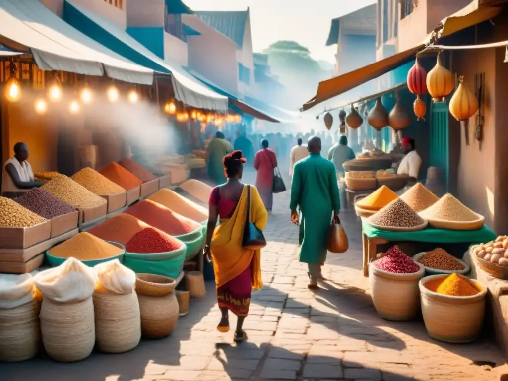 Un bullicioso mercado africano con colores vibrantes y mercaderes vendiendo especias, telas, cerámica y frutas exóticas