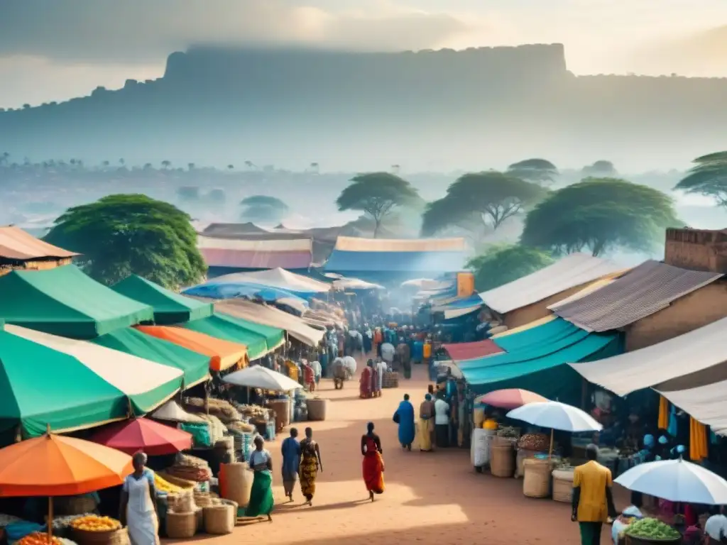 Un bullicioso mercado africano con diversidad de bienes y gente, bajo sombrillas coloridas