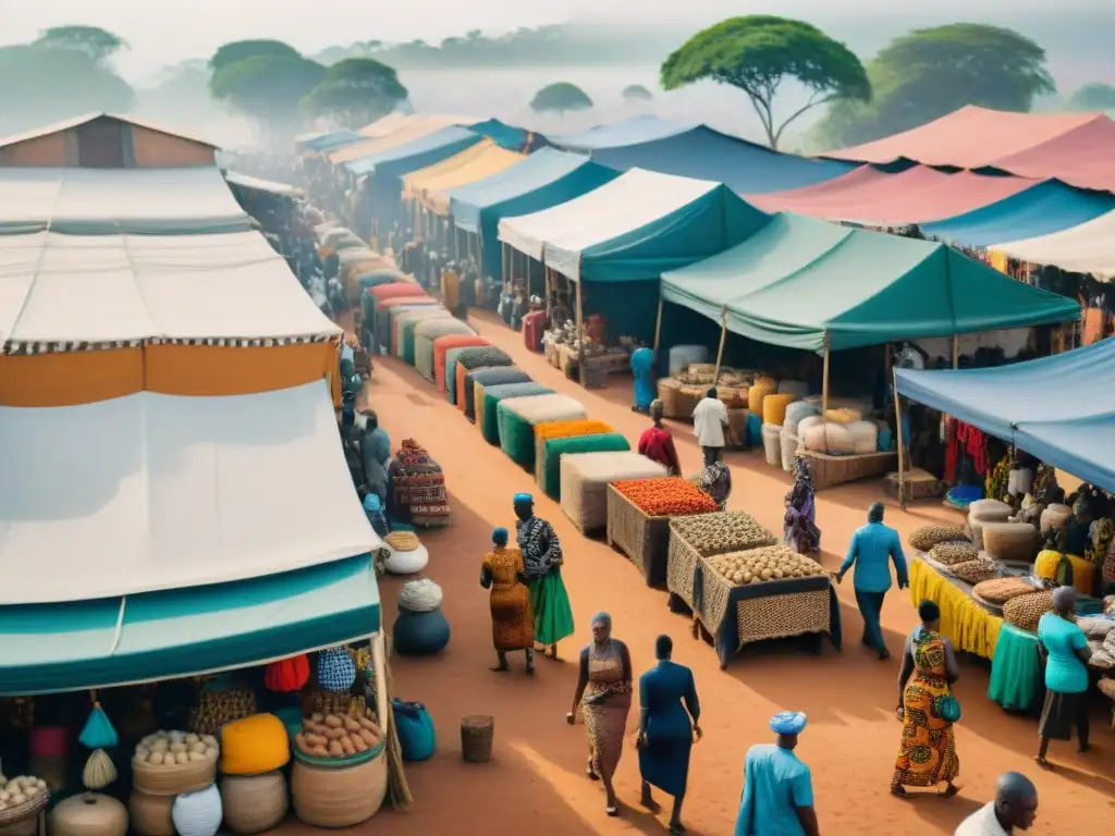 Un bullicioso mercado africano muestra la diversidad cultural y el arte local, destacando el potencial de los NFTs en África