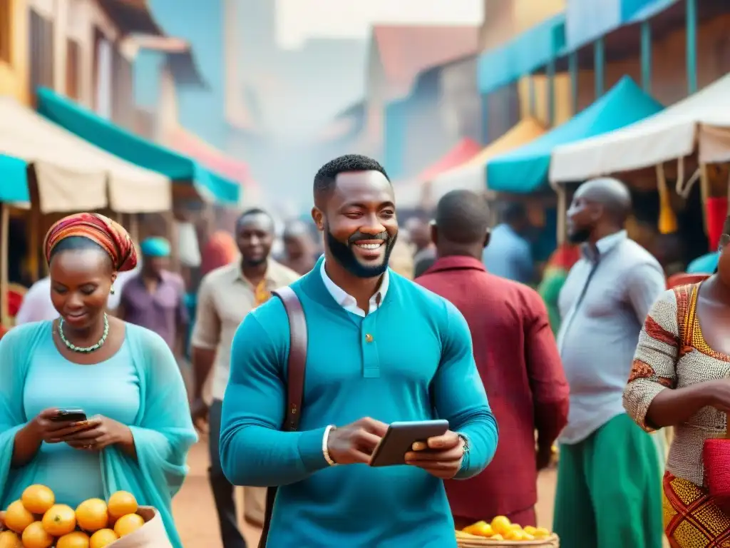 Un bullicioso mercado africano con gente diversa participando en la revolución del ecommerce en África