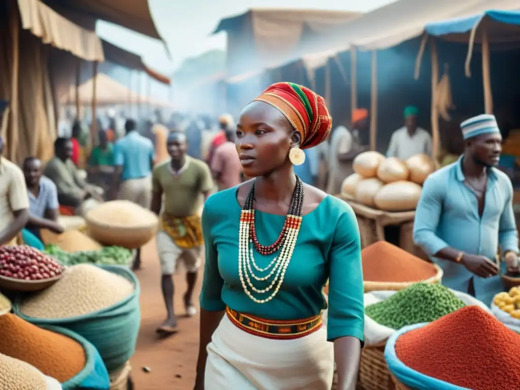 Un bullicioso mercado africano muestra el impacto de las lenguas extranjeras en la región, reflejando la diversidad cultural