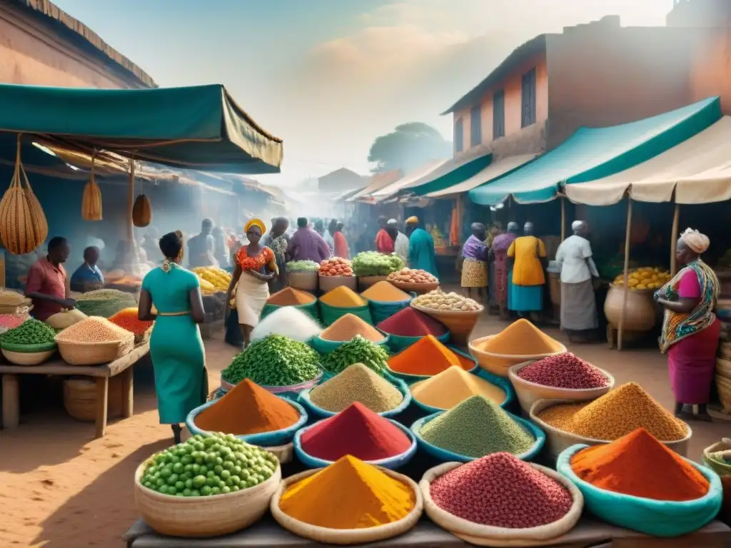 Un bullicioso mercado africano muestra la influencia de la gastronomía africana con colores vibrantes y productos frescos en puestos de madera