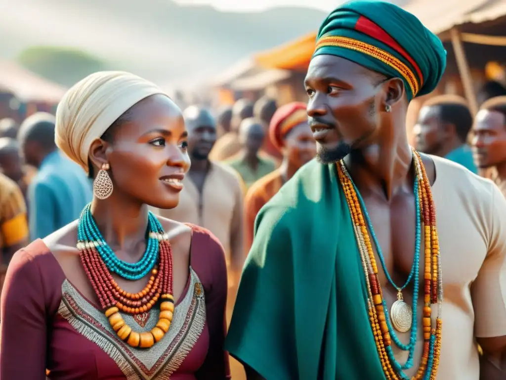 Colorida diversidad cultural en un mercado africano vibrante Un bullicioso mercado africano con influencias interculturales en lenguas africanas