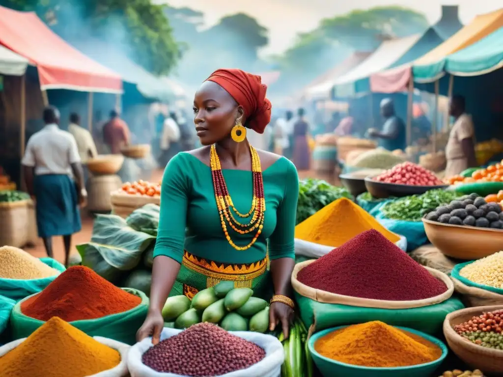 Un bullicioso mercado africano lleno de colores y aromas, reflejando la influencia del arte culinario africano