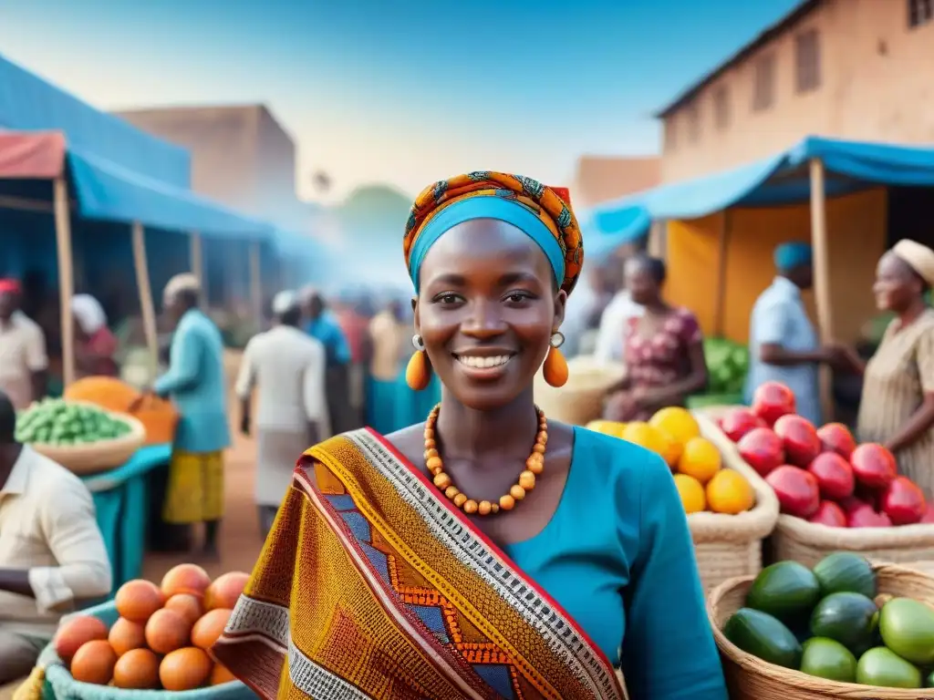 Un bullicioso mercado africano lleno de vida y color, reflejando la autenticidad del cine africano y sus narrativas únicas