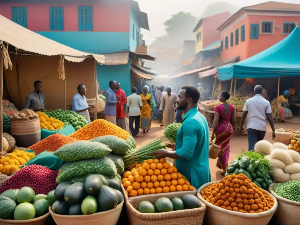 Un bullicioso mercado africano lleno de vida y color, reflejando la diversidad cultural y la vitalidad de la comunidad