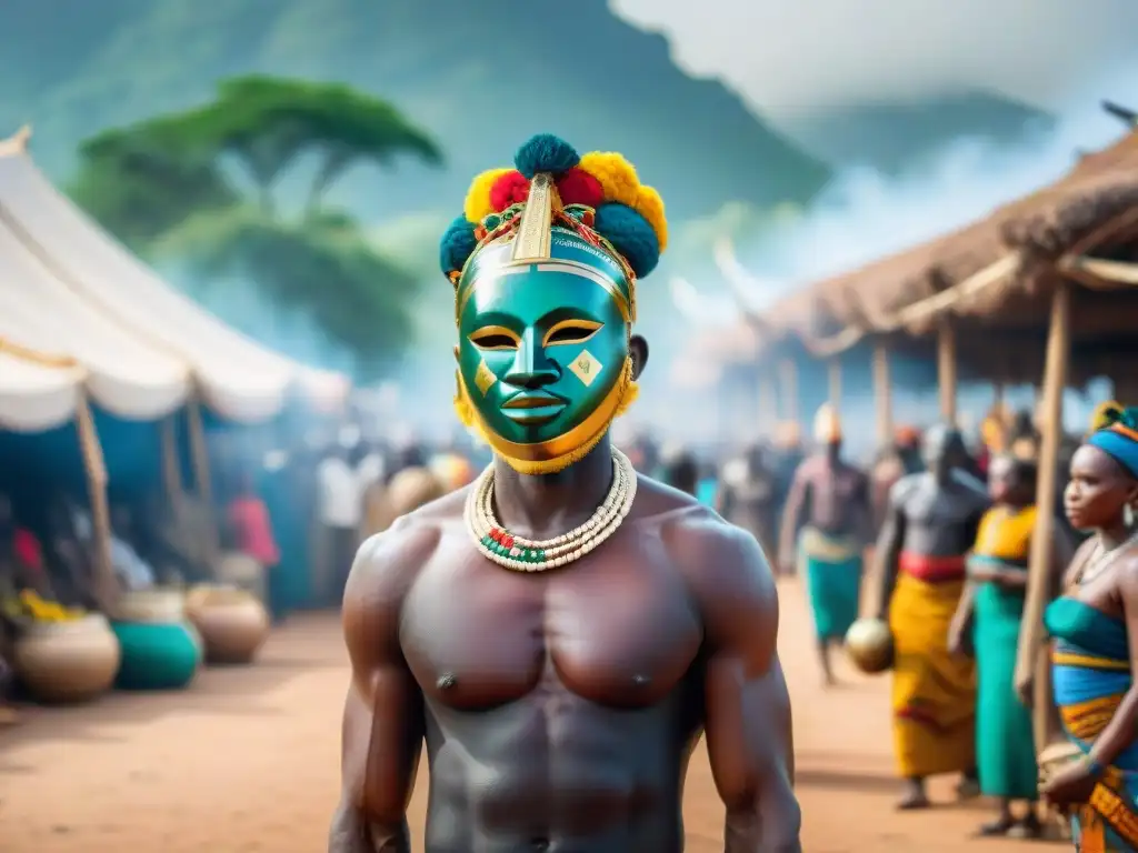 Un bullicioso mercado africano, lleno de coloridos artefactos espirituales tradicionales y personas participando en ceremonias culturales