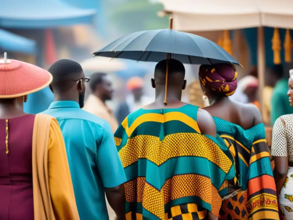 Un bullicioso mercado africano lleno de colores y telas tradicionales bajo sombrillas brillantes, reflejando moda africana tradición innovación global