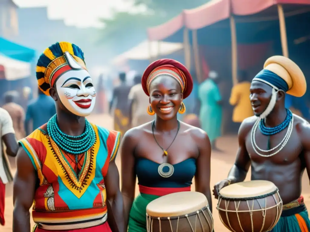 Un bullicioso mercado africano lleno de colores y tradiciones culturales, donde el sincretismo religioso une a diversas tribus y culturas africanas