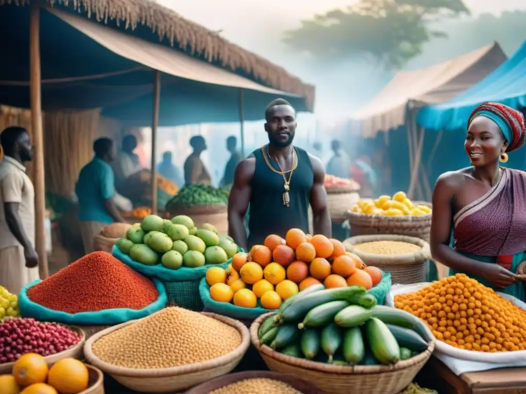 Un bullicioso mercado africano lleno de frutas, verduras y especias coloridas, reflejo de la vibrante Dieta Africana Tradicional Saludable