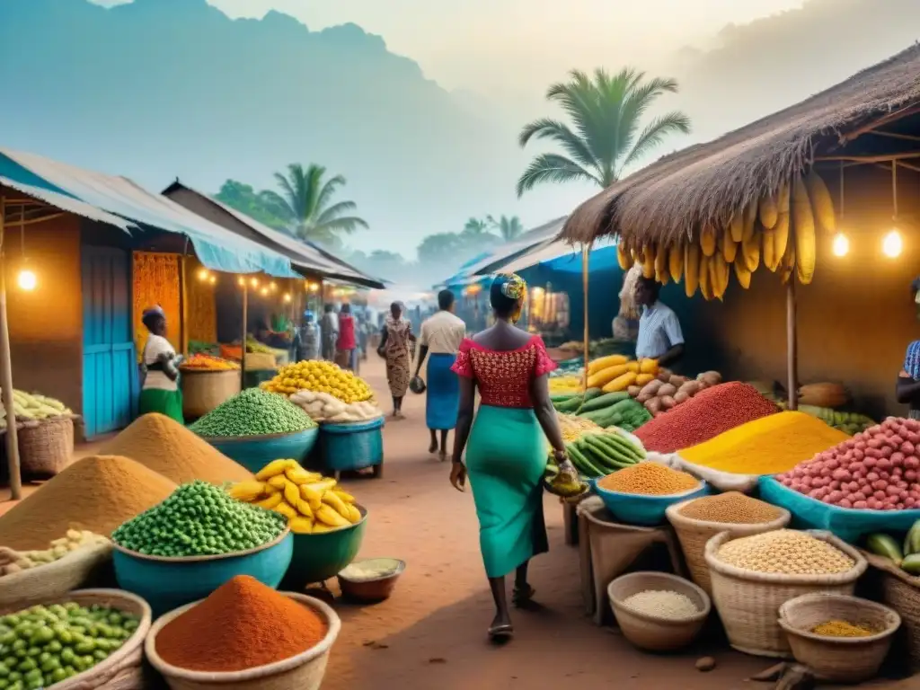 Un bullicioso mercado africano lleno de colores vibrantes y ingredientes frescos