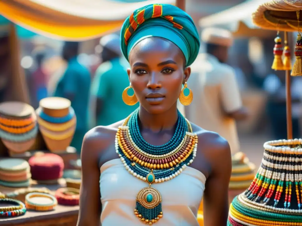 Mercado vibrante de joyas y artesanías en África ancestral Un bullicioso mercado africano lleno de coloridas joyas y significado cultural en el comercio artesanal