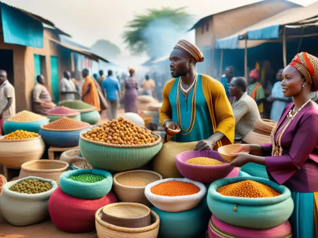 Un bullicioso mercado africano lleno de colores vibrantes, comerciantes y productos diversos