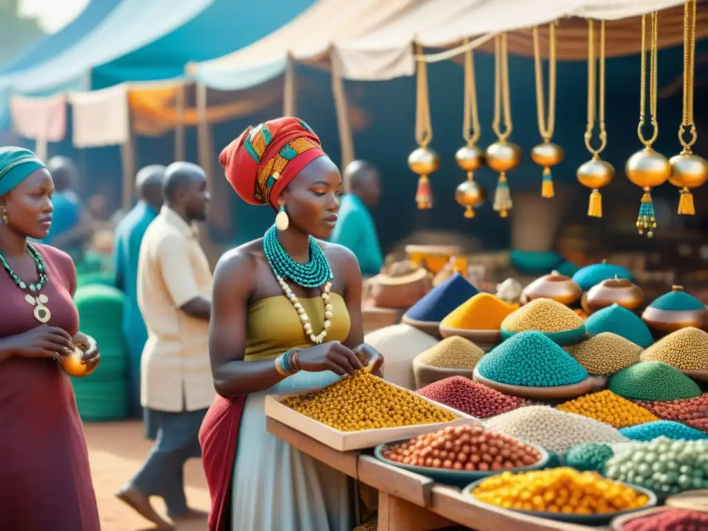 Un bullicioso mercado africano lleno de coloridos intercambios culturales y exquisitas cuentas artesanales