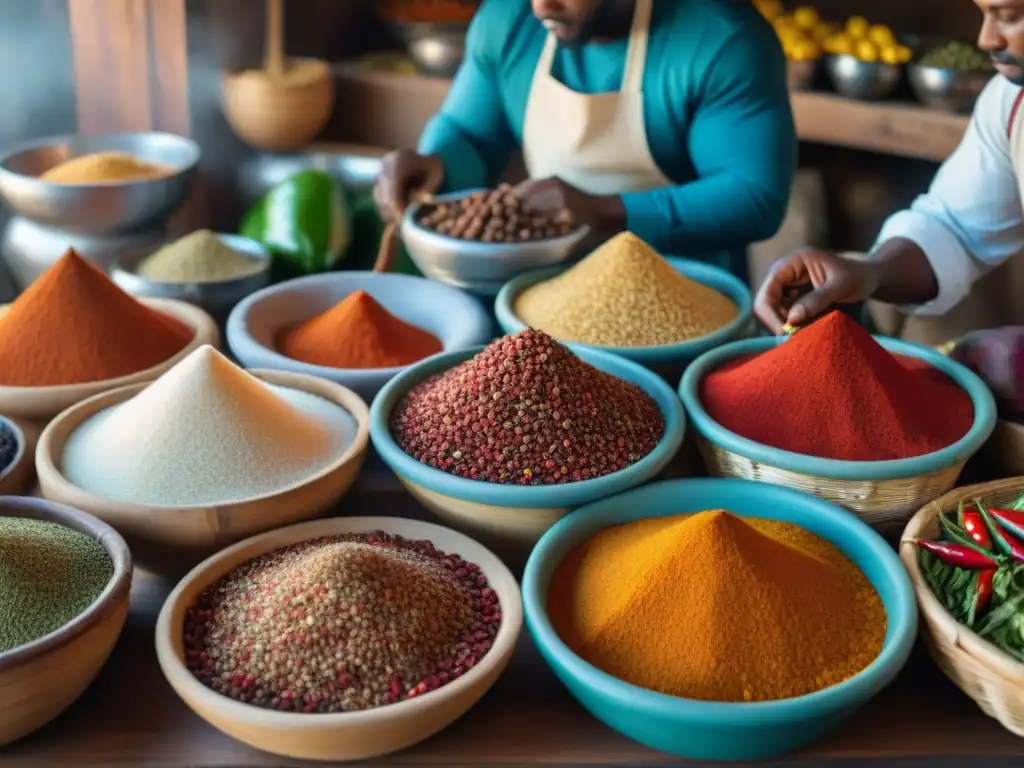 Un bullicioso mercado africano lleno de colores vibrantes, especias y chiles, reflejando la rica contribución africana en la gastronomía