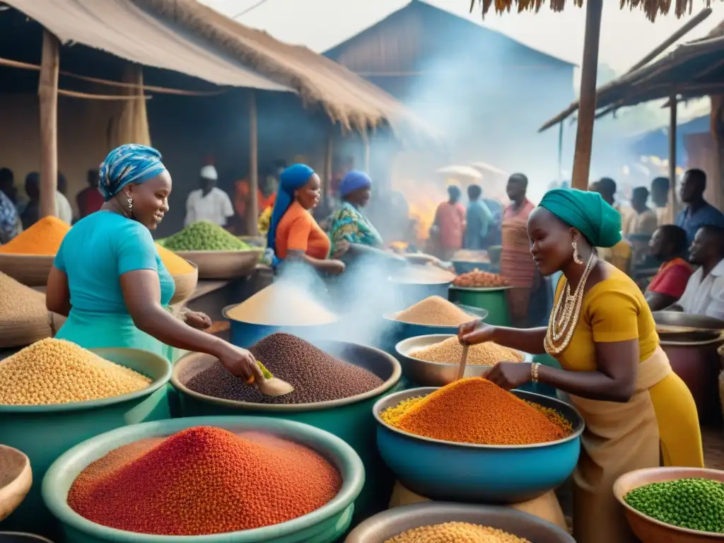 Un bullicioso mercado africano con mujeres preparando arroz Jollof, reflejando la historia y la influencia global de este plato icónico