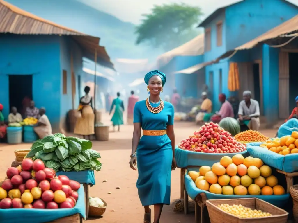 Un bullicioso mercado africano con mujeres y hombres en trajes tradicionales, niños jugando y un cielo azul brillante