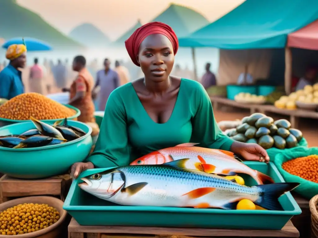 Un bullicioso mercado africano con pescados frescos y vibrantes, resaltando el Omega3 en pescados africanos