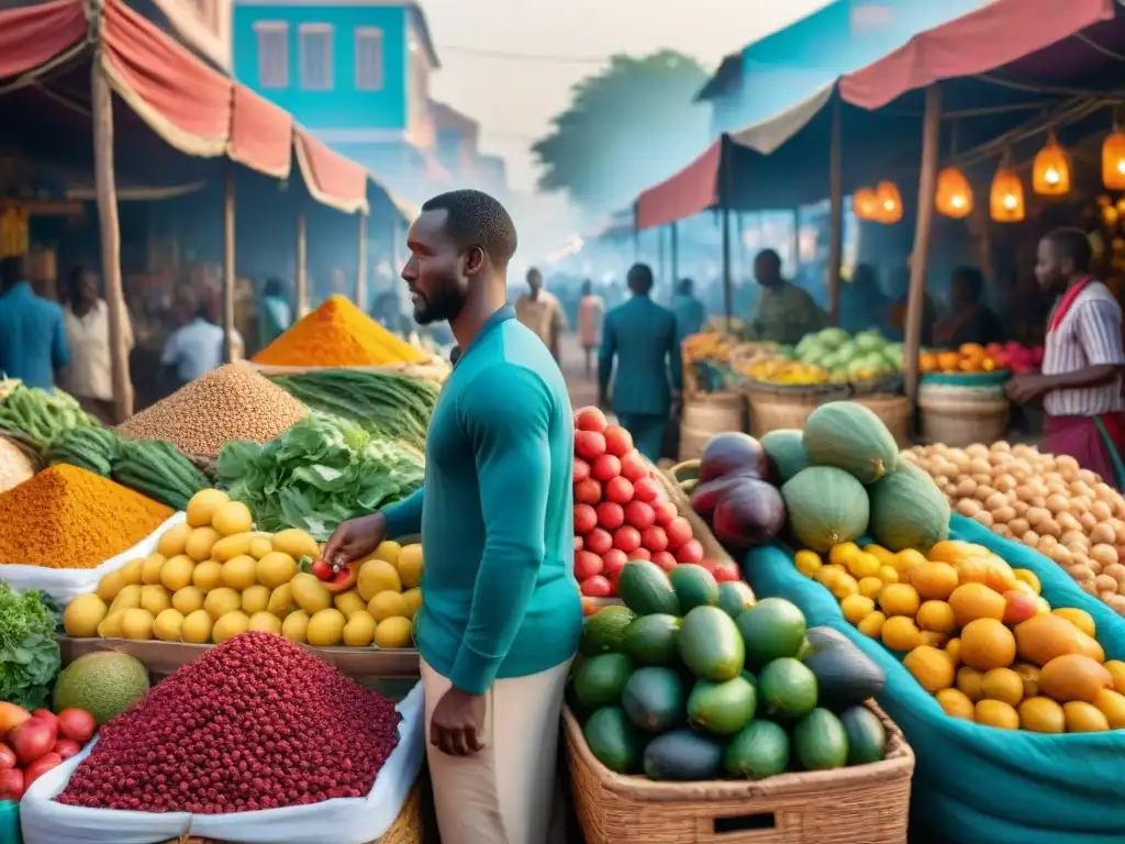 Un bullicioso mercado africano precolonial muestra intercambio de alimentos y cultura, reflejando economía y comercio