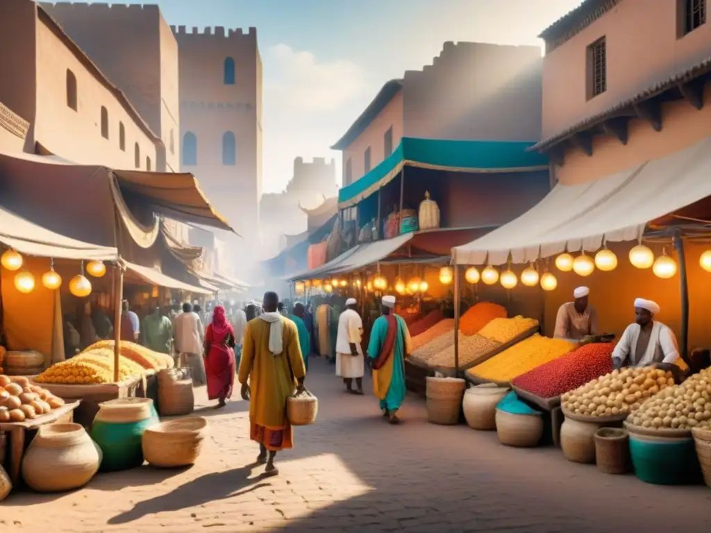 Un bullicioso mercado africano precolonial con influencia árabe en comercio y arquitectura, vibrante y multicultural