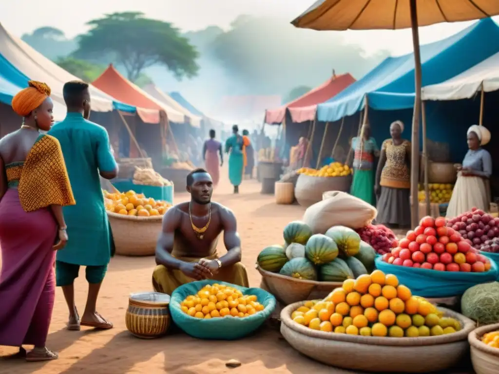 Un bullicioso mercado africano precolonial, hombres y mujeres en coloridos trajes intercambiando bienes bajo el cálido sol africano