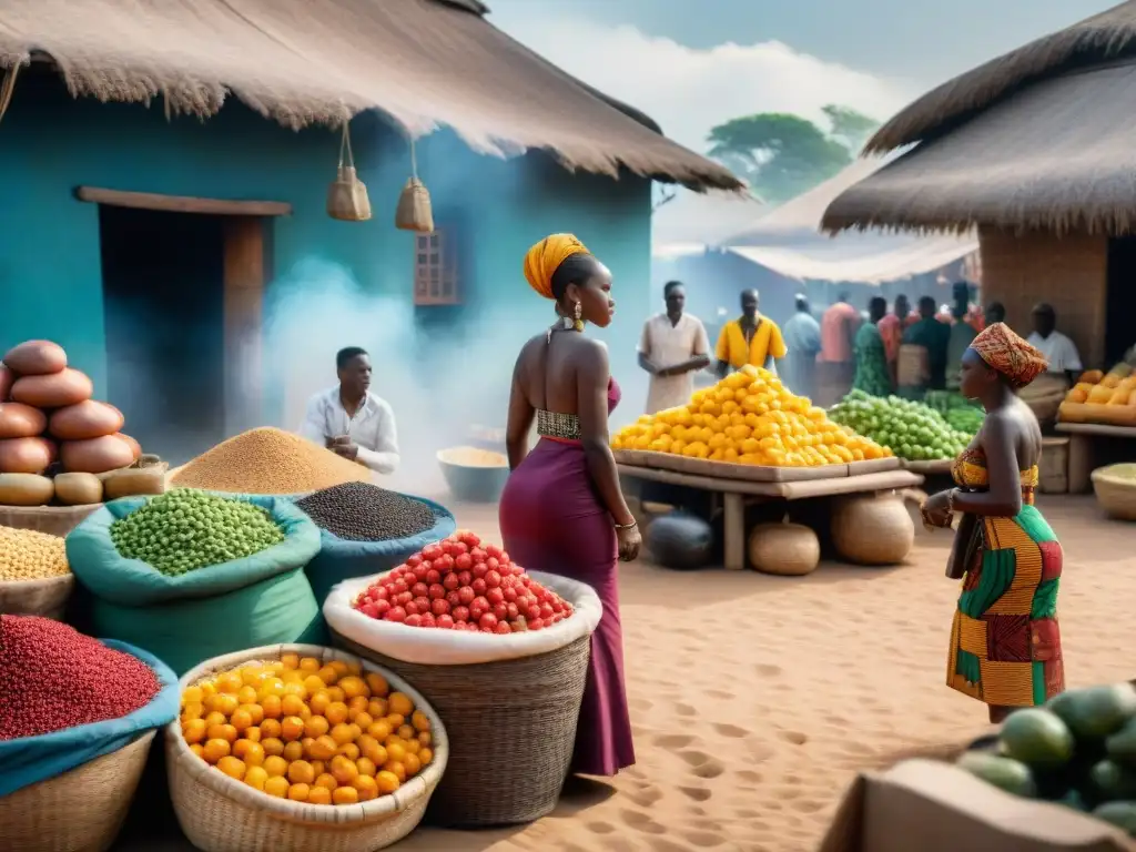 Un bullicioso mercado africano con productos coloridos y mujeres negociando, evocando la gastronomía de antiguos reinos del sur de África