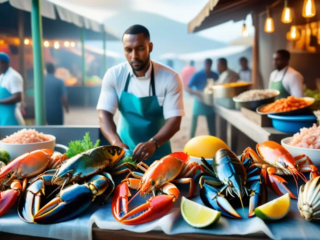 Un bullicioso mercado africano con puestos rebosantes de mariscos frescos, sumergiendo en la influencia de mariscos africanos cocina