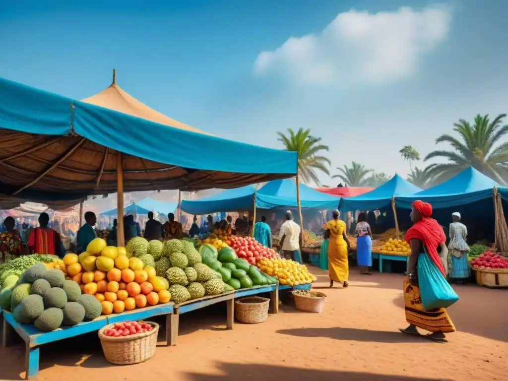 Un bullicioso mercado africano con puestos coloridos de frutas, textiles y artesanías, mujeres negociando y niños jugando bajo palmeras y cielo azul