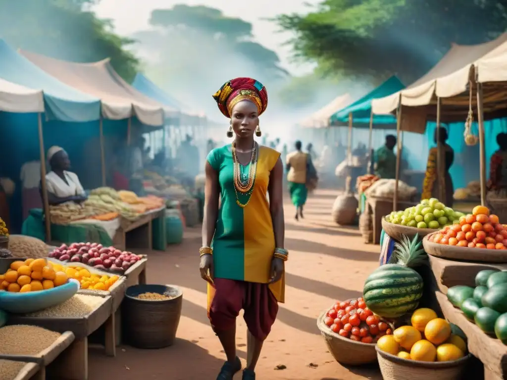 Un bullicioso mercado africano rebosante de vida y color, reflejando la influencia cultura diáspora africana