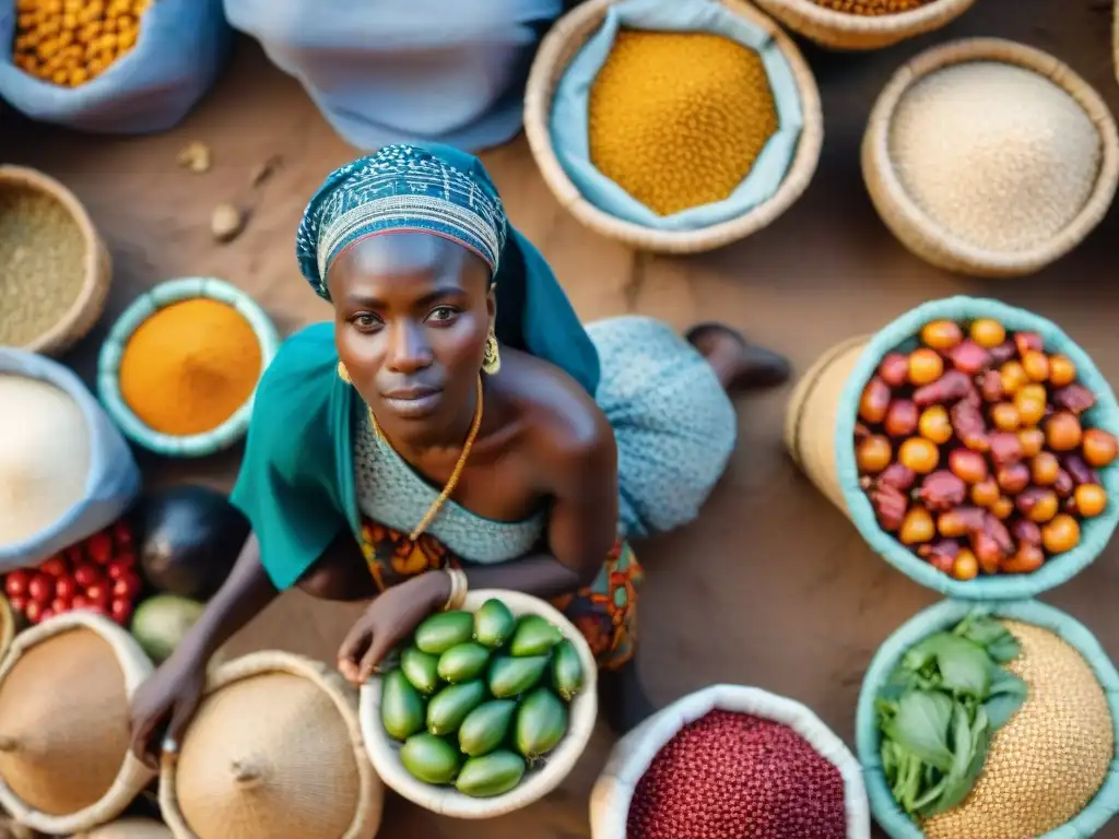 Un bullicioso mercado africano rebosante de colores y vida, reflejando la riqueza de la Dieta africana tradicional saludable