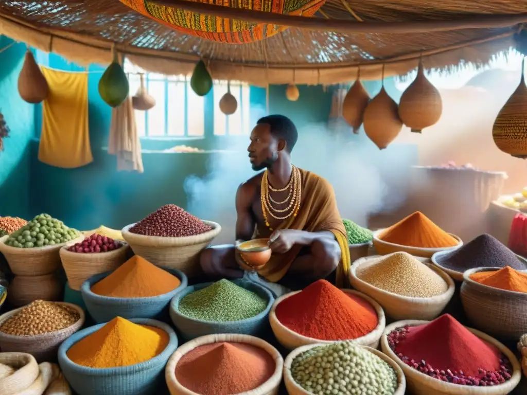 Un bullicioso mercado africano rebosante de colores y sabores, donde la luz del sol resalta textiles y alimentos exóticos