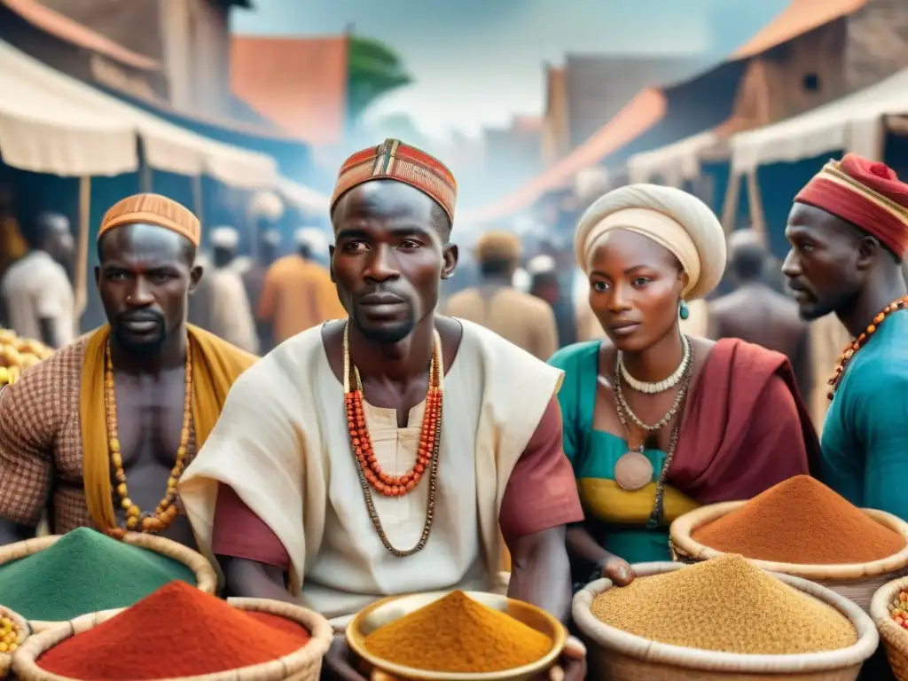 Un bullicioso mercado africano del Renacimiento: comercio africano en el Renacimiento con mercaderes intercambiando marfil, oro y especias