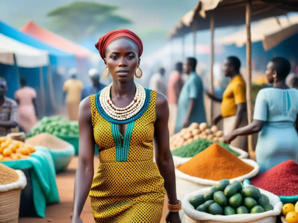 Un bullicioso mercado africano bajo el sol, con intercambios entre personas de diferentes clases sociales