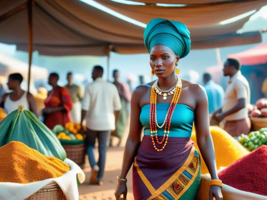 Un bullicioso mercado africano tradicional lleno de vida y color, reflejando la rica herencia cultural de África