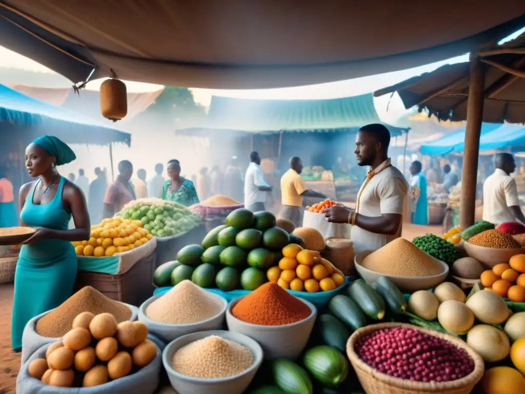 Un bullicioso mercado africano con vendedores locales y una variedad de alimentos