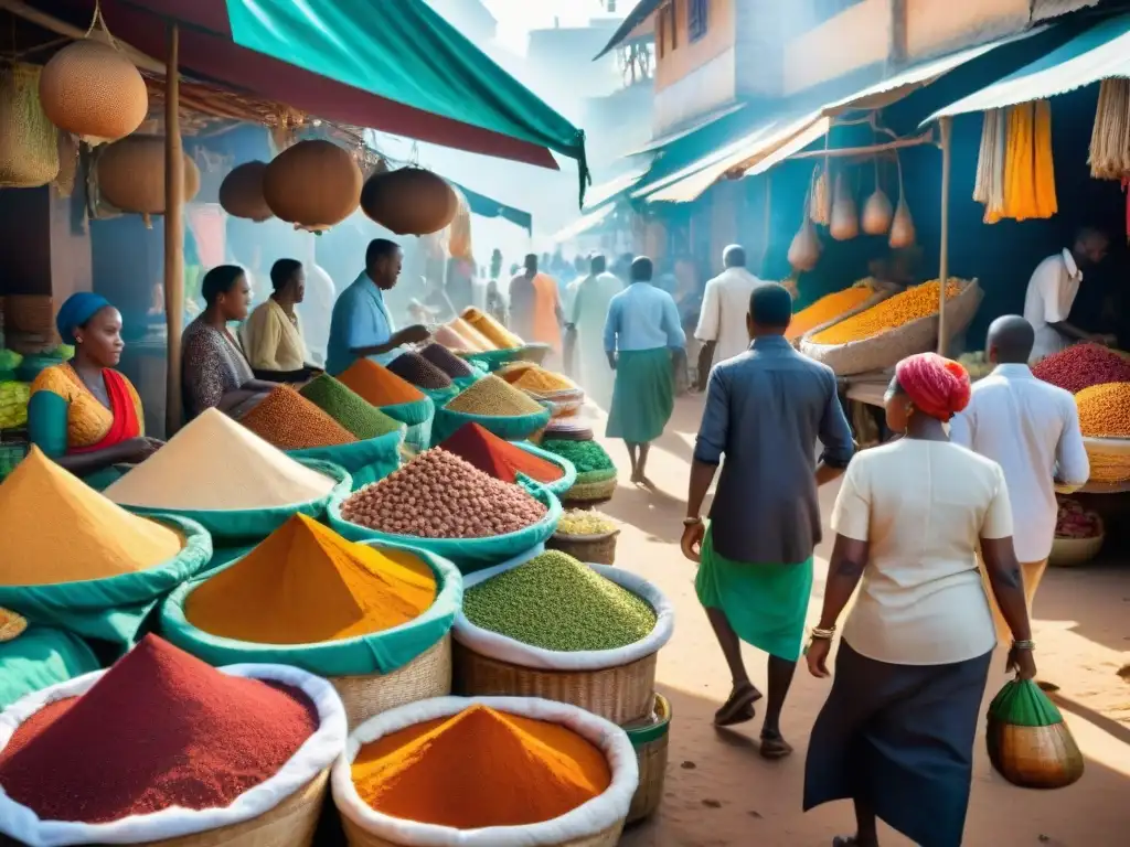 El bullicioso mercado al aire libre en Zanzíbar muestra una influencia culinaria africana en Asia con especias y frutas coloridas