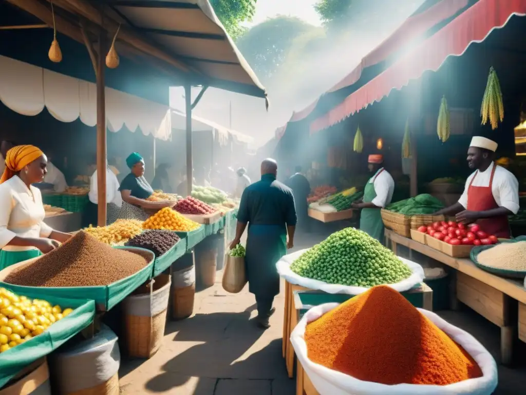 Un bullicioso mercado al aire libre en una vibrante comunidad africana diaspórica, con platos tradicionales africanos diáspora