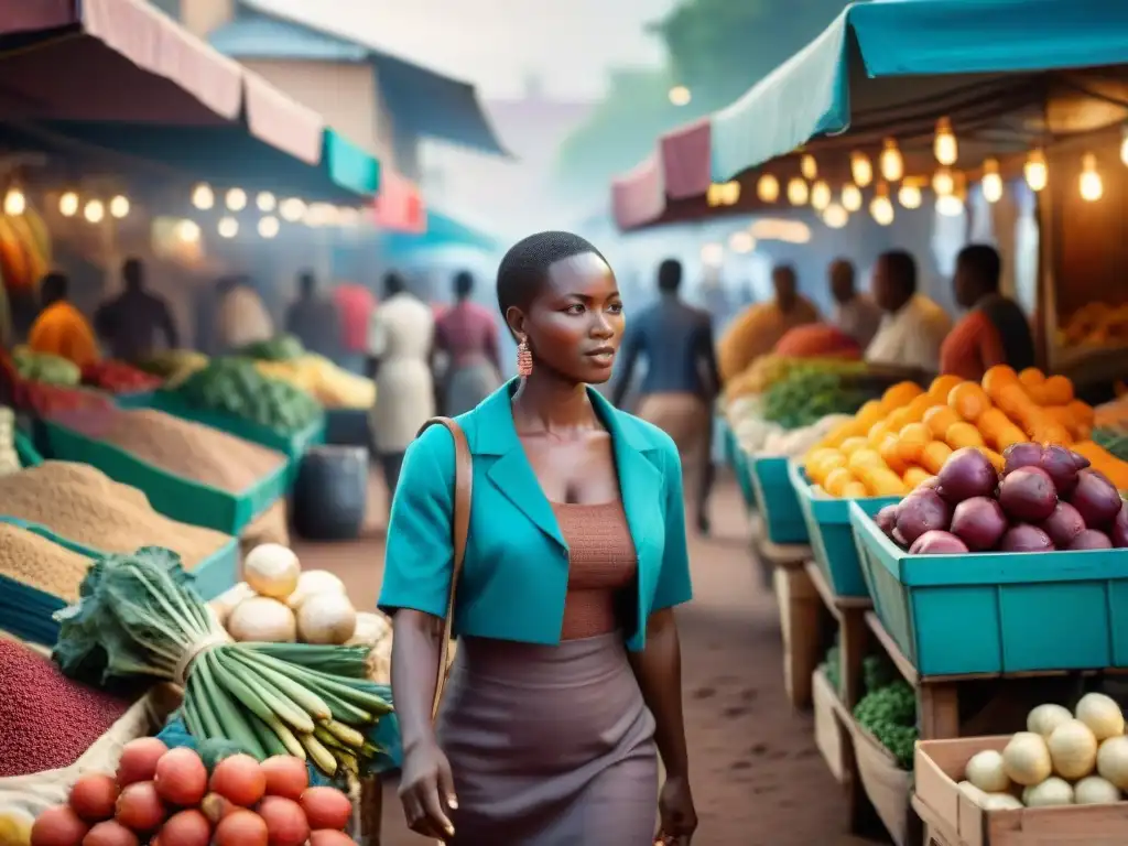 Un bullicioso mercado al aire libre en África, con colores vibrantes y productos en exhibición