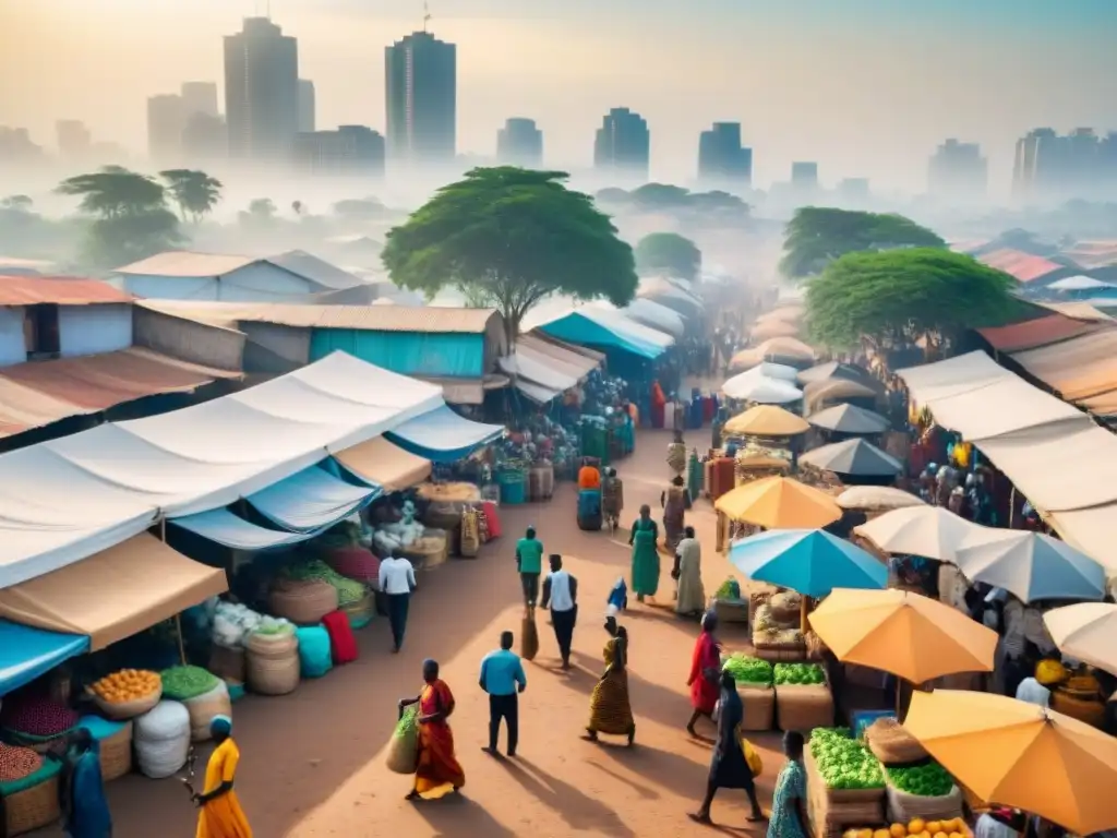 Un bullicioso mercado al aire libre en una ciudad africana, reflejando la adopción masiva de criptomonedas en África