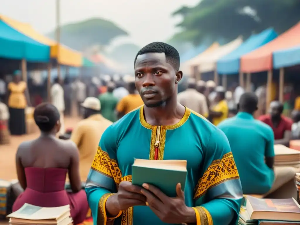 Un bullicioso mercado al aire libre en Accra, Ghana, con vibrantes exhibiciones de libros de autores africanos bajo la luz del sol