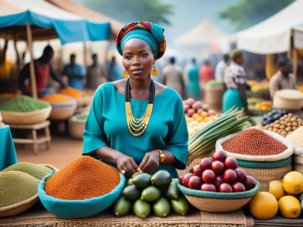 Un bullicioso mercado al aire libre en África, con frutas, verduras y especias coloridas