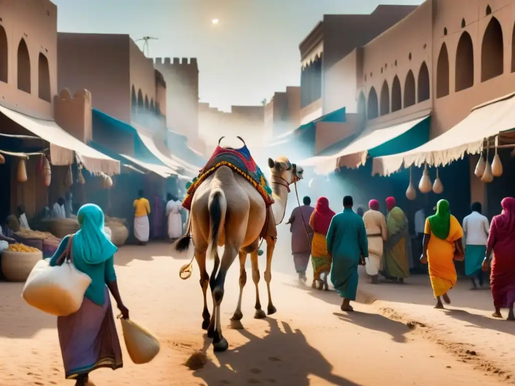 Un bullicioso mercado en la antigua ciudad de Tombuctú, reflejo del Comercio Transahariano e influencia en civilizaciones africanas